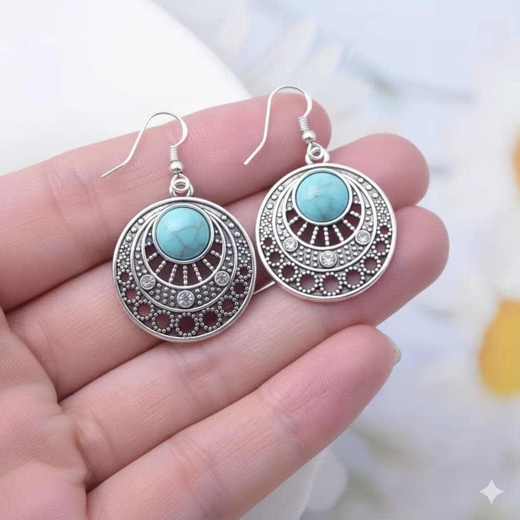 Boho Turquoise Drop Earrings | Sterling Silver Dangle Statement Jewelry | Tibetan Tribal Ethnic Style Gift