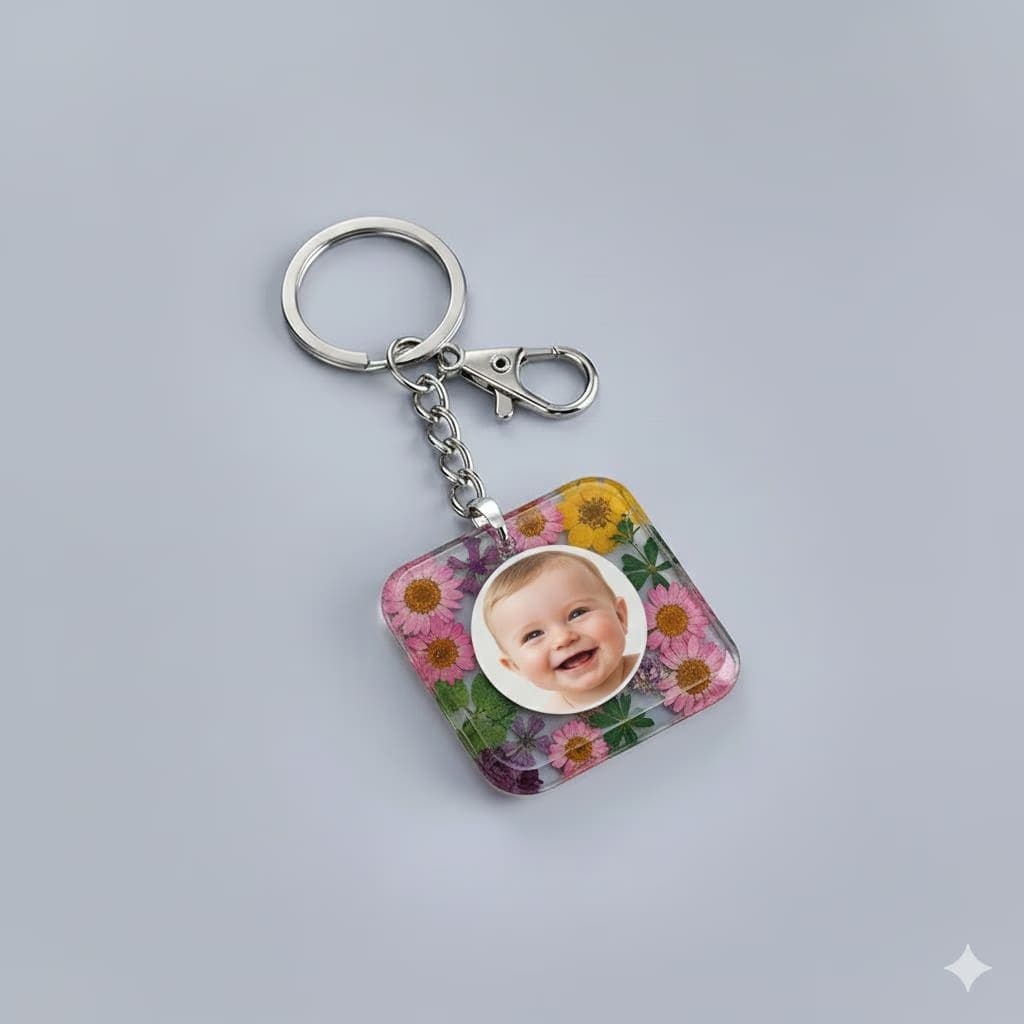 Personalized Photo & Pressed Flower Resin Keychain | Square Custom Picture Keyring with Clasp | New Mom Gift