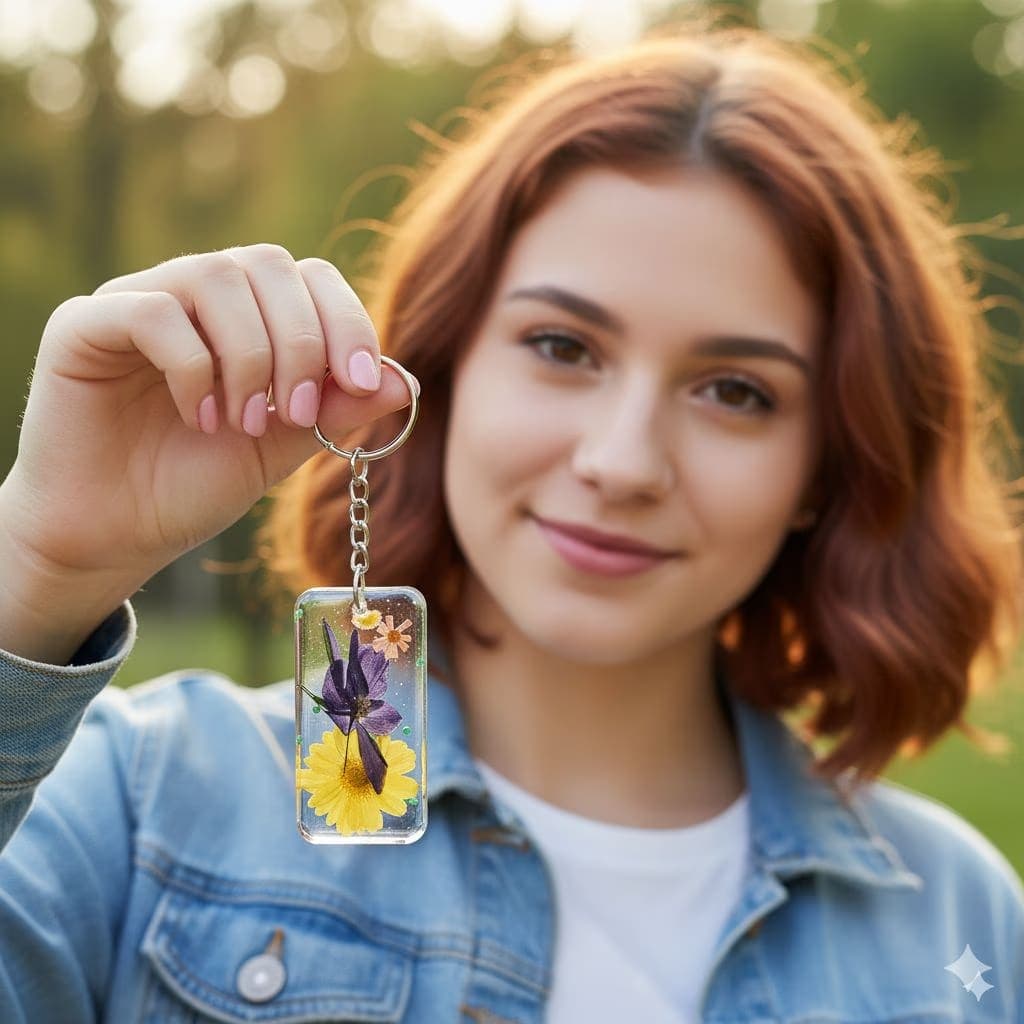 Personalized Baby Photo & Pressed Flower Resin Keychain | Rectangular Floral Picture Keyring